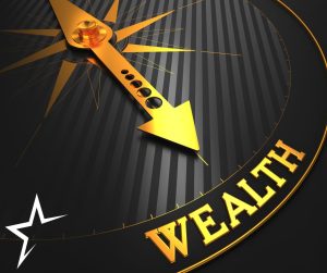 Black compass pointing to wealth with a white star